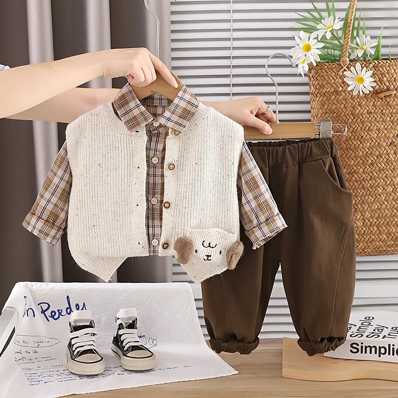 Kids Clothing 2026 Spring Autumn New Baby Boy Clothes Korean Cute Cardigan Vest + Plaid Shirt + Pants 3 Piece Boys Outfit Set