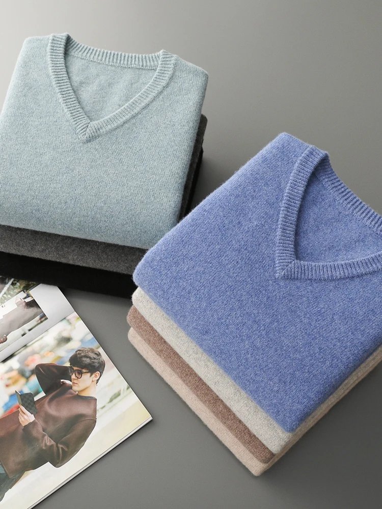 

TLOML New Men's 100% Merino Wool Knitwear V-neck Wool Pullover Sweater Autumn Winter Basic Solid Soft Warm Cashmere Sweater Tops