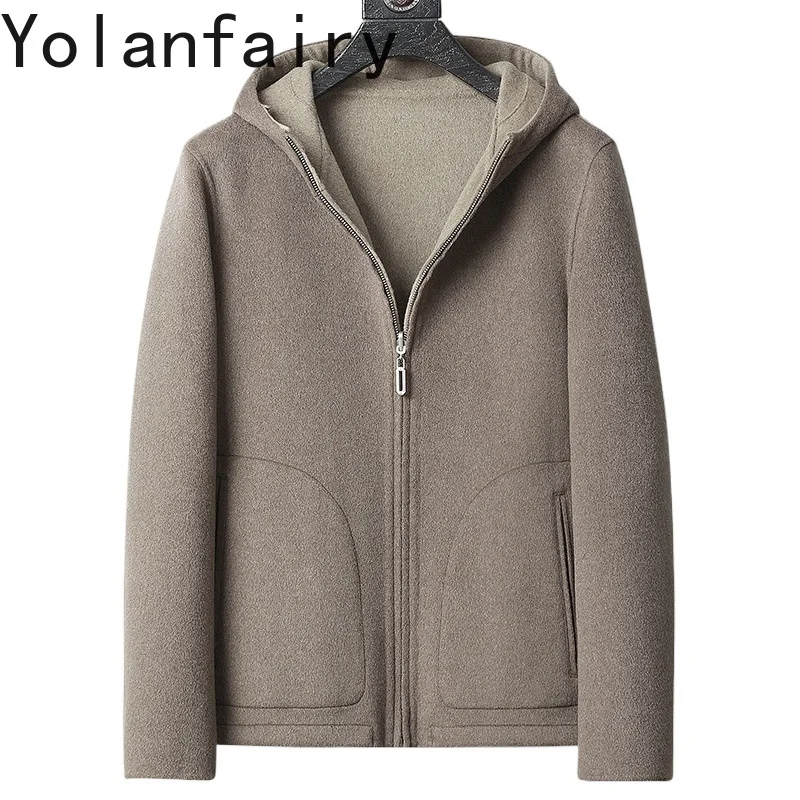 YOLANFAIRY 100% Wool Men Jacket Double-sided Wearable Woolen Short Clothes for Man Jackets Fashionable Casual Hooded Coat 선풍기 조끼