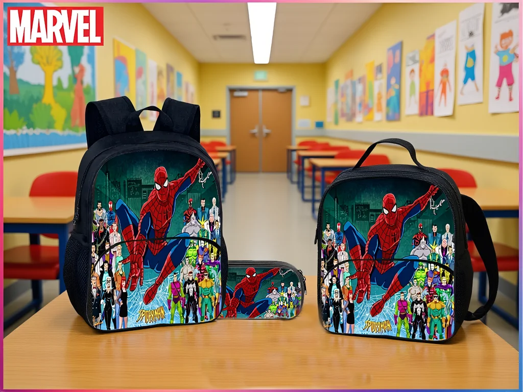 

3 in 1 Backpack Set-Unisex Children Spider-Man Fashion Knapsack+Insulated Lunch Bag+Pencil Box for Student