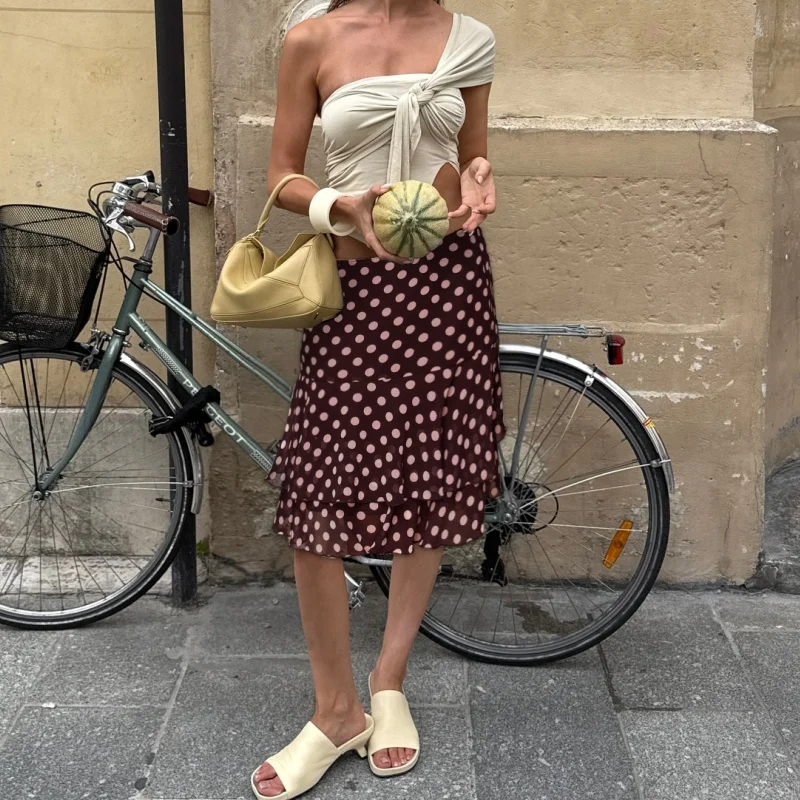 Jupe mi-longue à pois pour femmes, Vintage, nœud papillon, maille transparente, ourlet à volants, mode rétro, jupe décontractée pour sortir, tendance