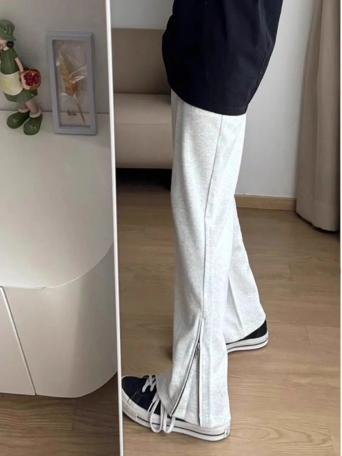 

Slim Fit High Waist Trousers American Sle Pure Color Casual Pants Zipper Slit Wide Leg Sweatpants for Men And Women Street ...