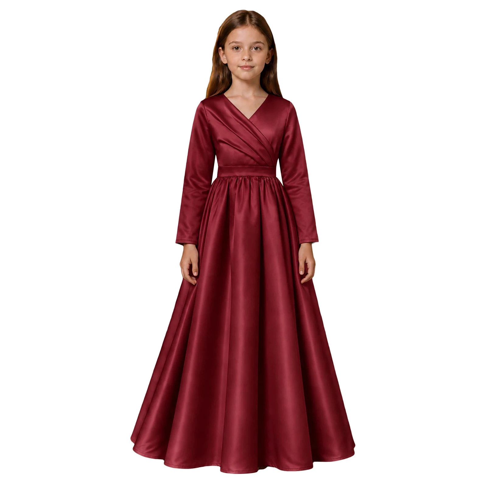 Satin Flower Girl Dresses V Neck Evening Gown Girls Princess Pageant Dress for Briedesmaid Prom Children First Communion Dress