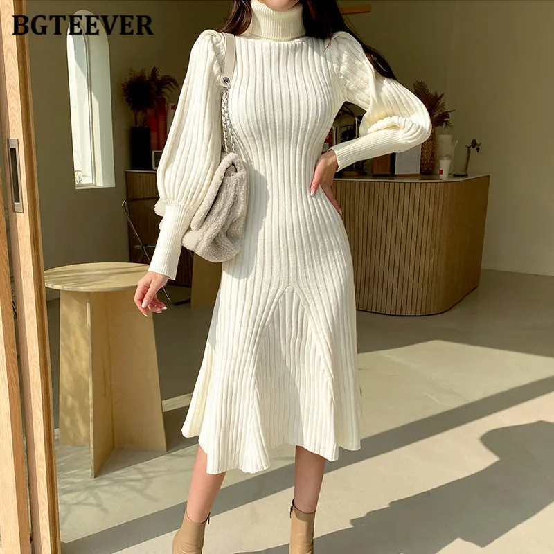 BGTEEVER Vintage Turtleneck Women Sweater Dress Autumn Winter Long Sleeve Knitted Package Hip Mermaid Dress Female