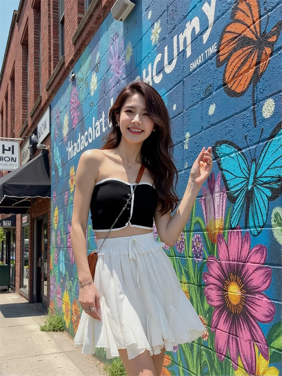 مطوي البسيطة أسود أبيض التنانير النسائية شبكة بالون الطبقات كشكش هيم مرونة الخصر الفني كلية فروي ليلة الباستيل Ins