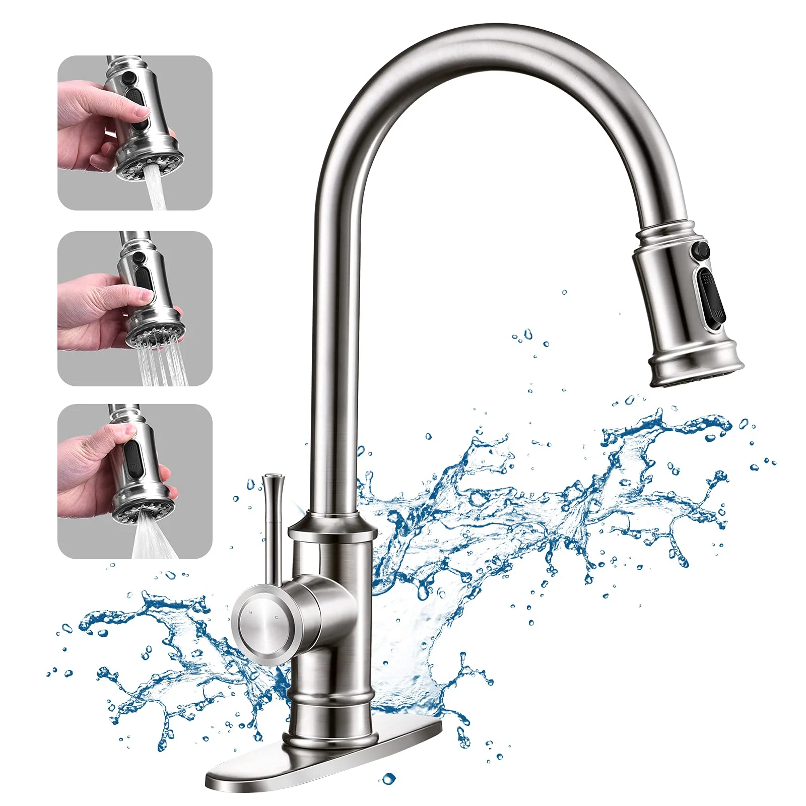 

Kitchen Faucet 3 Modes Pull Down Sprayer Kitchen Sink Faucet Kitchen Faucet Single Handle 1 or 3 Holes with Deck Plate