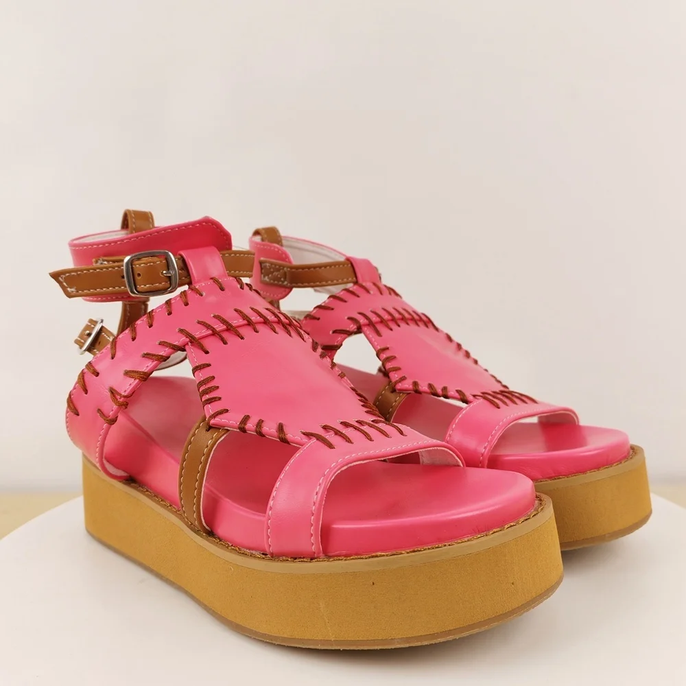 Women's Hot Pink Contrast Stitch Platform Sandals Brown Ankle Strap Buckle for Y2K Coquette & Summer Casual Street Style