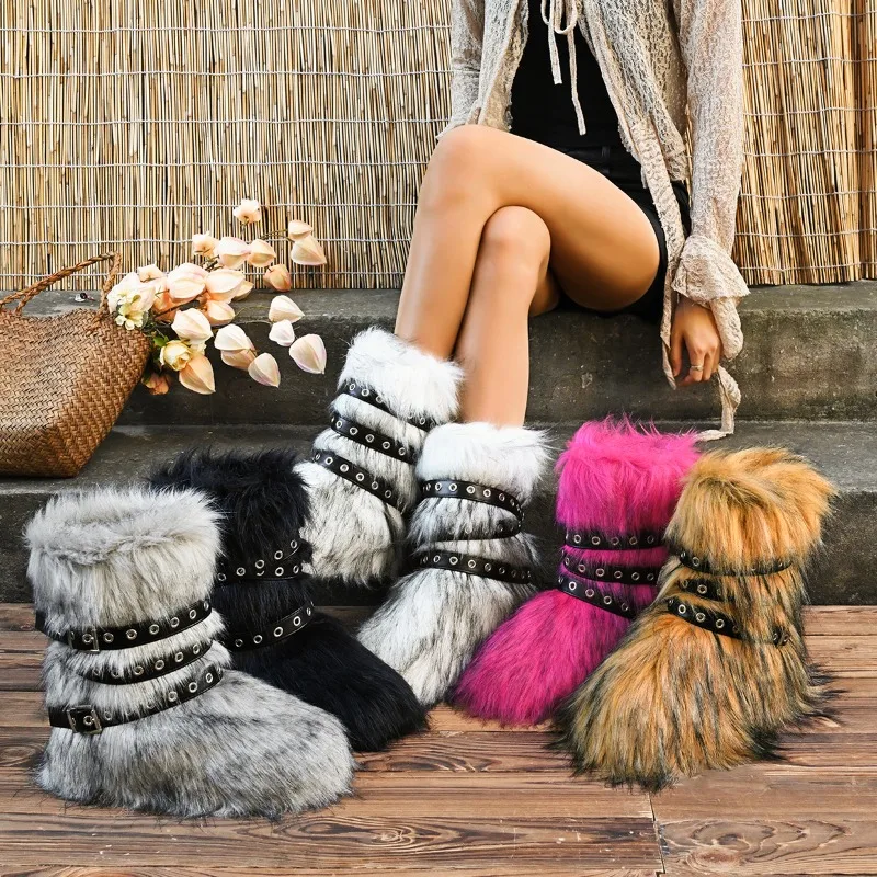 

2025 New Animal Fur Belt Buckle Women's Mid-Calf Boots Thick Soled Round Toe Plush Warm Winter Slip on Rivet Sexy Women's Boots