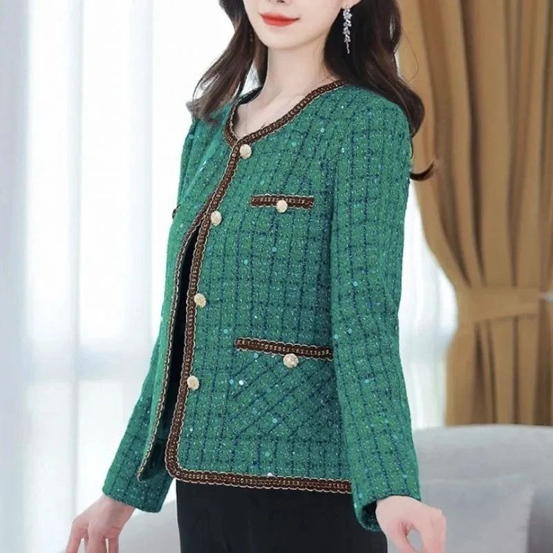 Spring Autumn Jacket Fashion Tweed Blazers Women New Elegant Office Lady Short Suit Coats O-Neck Cardigan Female Tops Outerwear