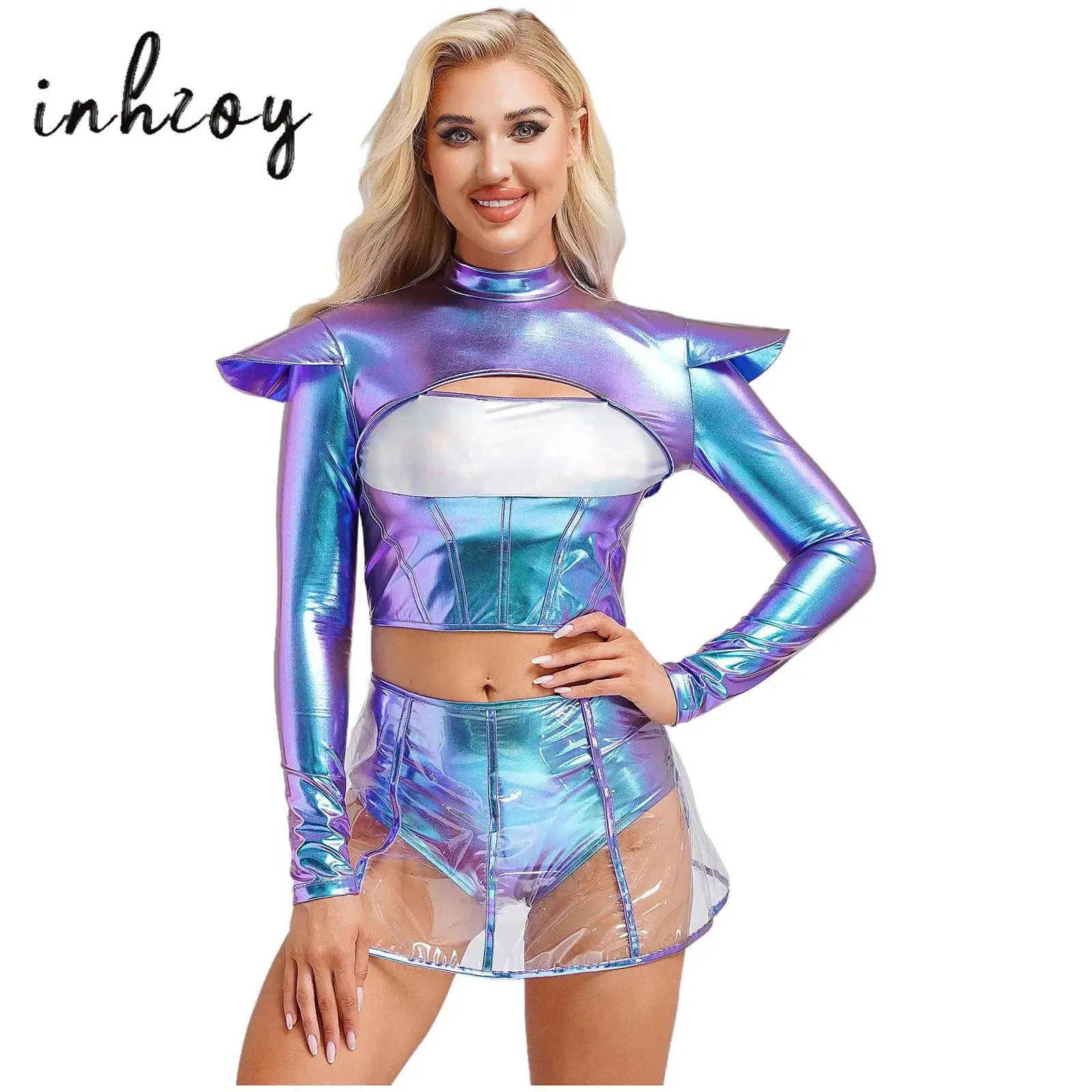 

Women's Halloween Alien Outerspace Costume Long Sleeve Hollow Out Cropper Top with Transparent Skirt Role Play Costume Clubwear