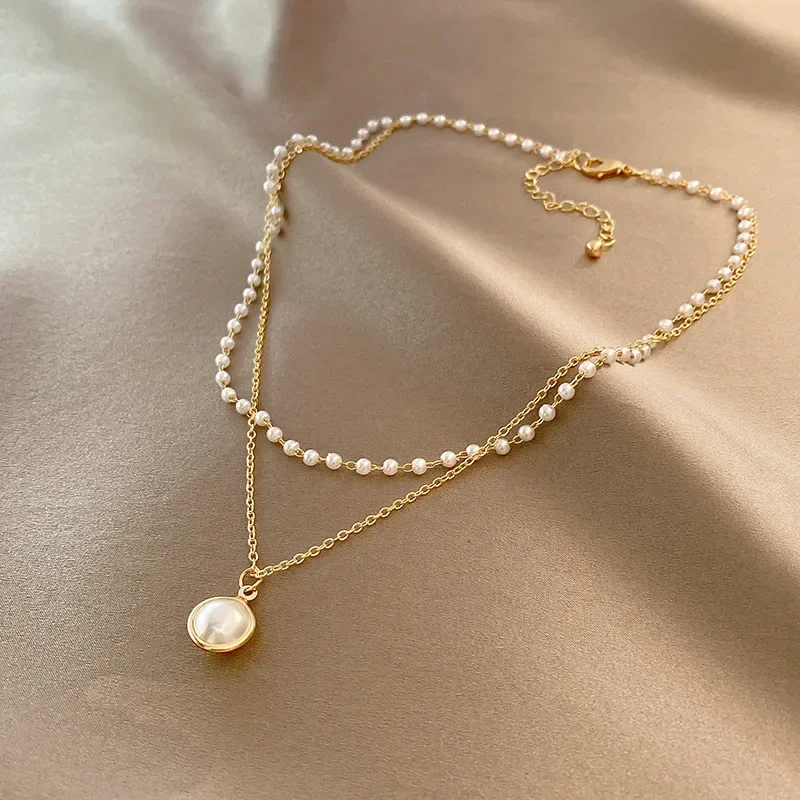 2024 New Women's Pearl Necklace Kpop Gold Color Beads Pendant Necklaces Goth Double Layer Chain Choker for Women Fashion Jewelry