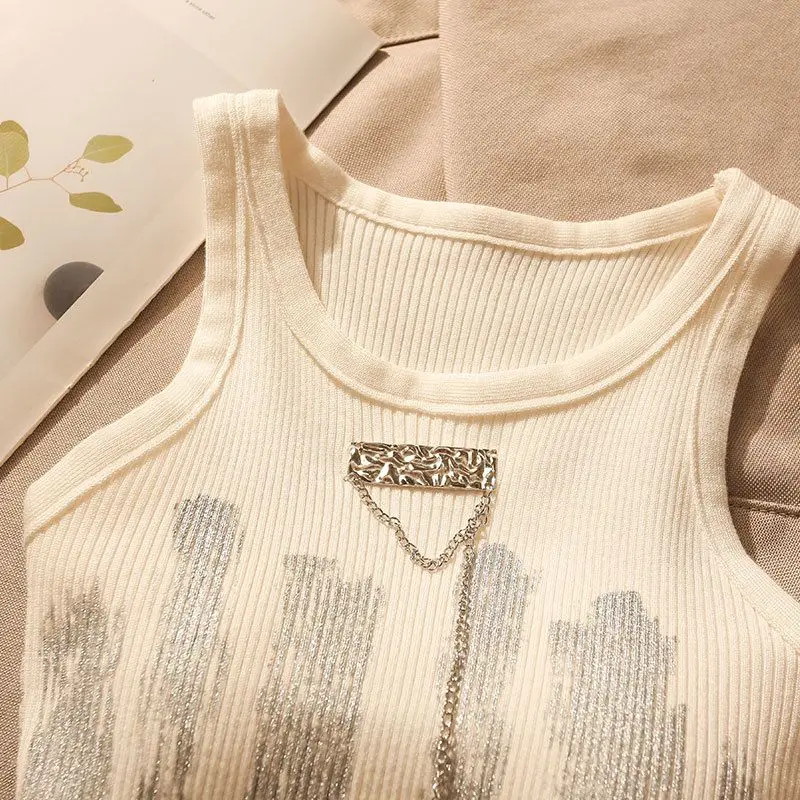Women's Summer Casual O-neck Short Style Slim Asymmetrical Tank Top Fashion Chic Printed Sleeveless Knitted Vest