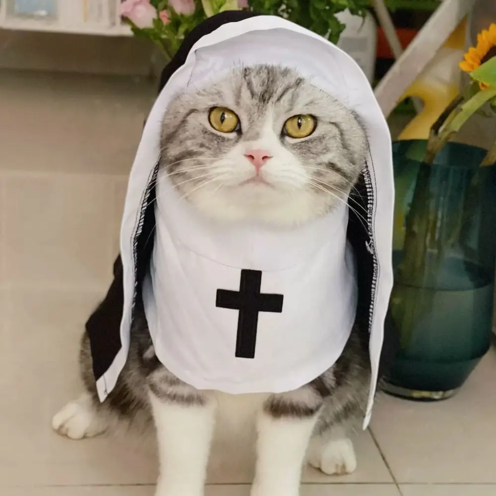 Cat Puppy Pet Nun Cloak Soft Breathable Pet Cat Halloween Costumes Black/white Role Play Cat Cosplay Costume Sets