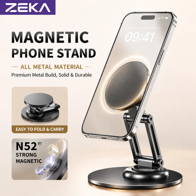 ZEKA Metal Desk Phone Holder N52 Magnetic Foldable 360° Rotating Stand for iPhone MagSafe iPad Tablet