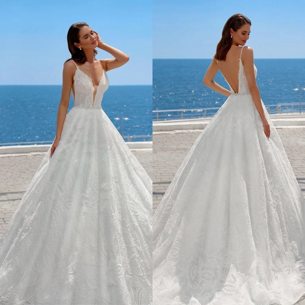 

Customized Elegant White Organza Wedding Dress Sexy V-neck Spaghetti Straps Backless Bridal Party Classic Vestido De Novia