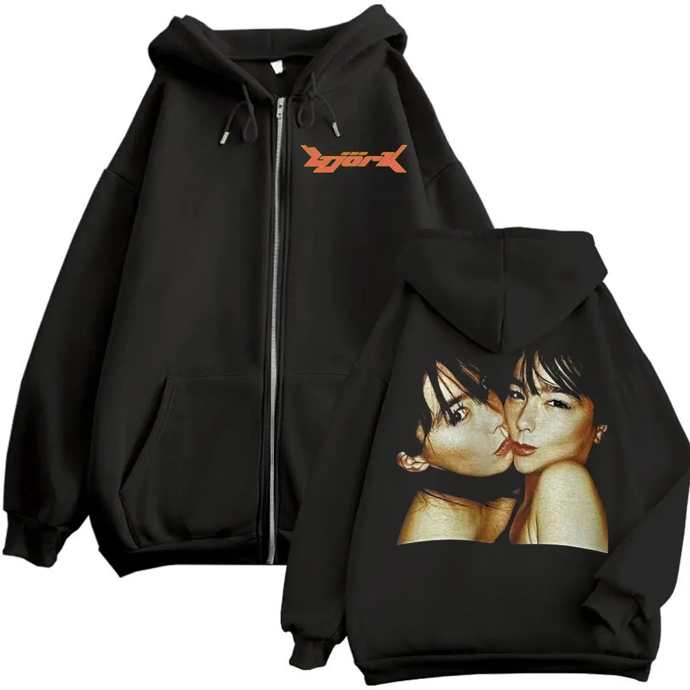 1990 Bjork Konser Berat Ritsleting Hoodie Rock Hip Hop Vintage Zip Up Berkerudung Kaus Pria Wanita Fashion Kasual Bulu Pullover