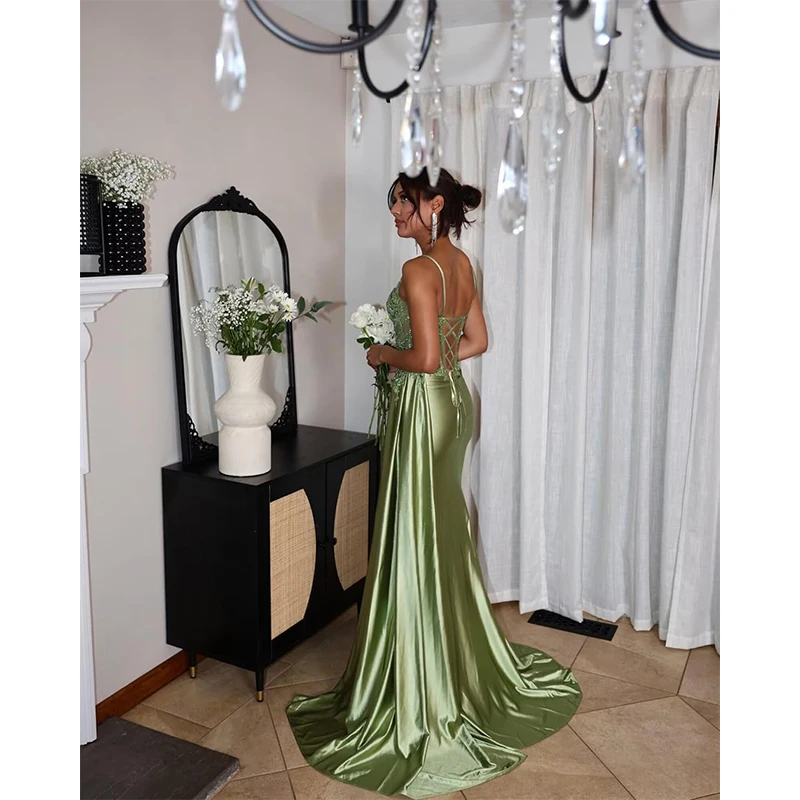 Aangepaste saliegroene spaghetti kralen kant applicaties lange zeemeermin galajurken korset zwarte meisjes hoge split 2025, verjaardag