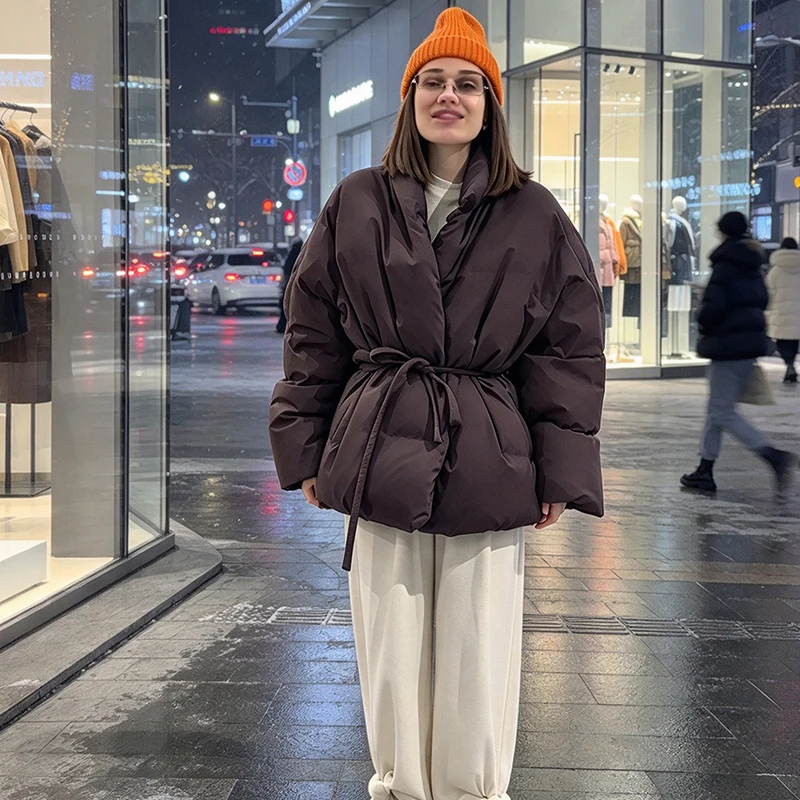 Women Tie Waist Puffer Jacket Stand Collar Long Sleeve Loose Fit Warm Coat 2026 New Winter Chic Layering Ladies Outerwear