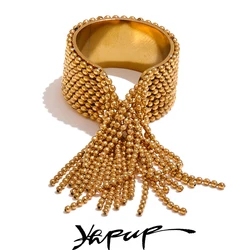 Yhpup Statement-Fingerring aus Edelstahl mit Kette und Quaste, verstellbar, 18 Karat PVD-beschichtet, hochwertiger Charme, stilvoller goldener Schmuck