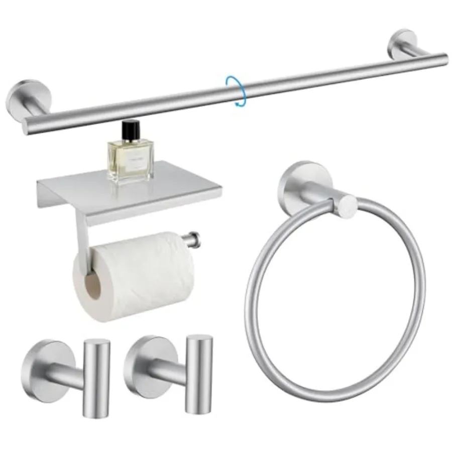 

Набор из 5 предметов для ванной комнаты: круглый держатель для полотенец, кольцо для полотенец, держатель для туалетной бумаги, 2 крючка для халатов, скрытый монтаж, нержавеющая сталь SUS304