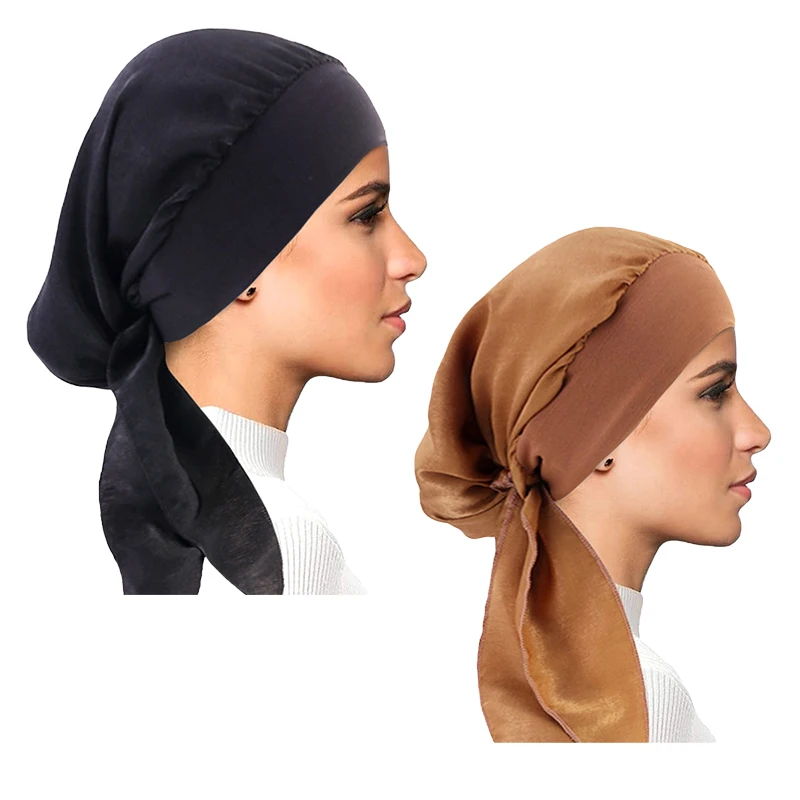2 TEILE/LOS Frauen Muslimischen Vorgebunden Turban Kappe Kopftuch Hijab Chemo Hut Haarausfall Kopftuch Wrap Strech Bandana Haar Zubehör – Detail 11