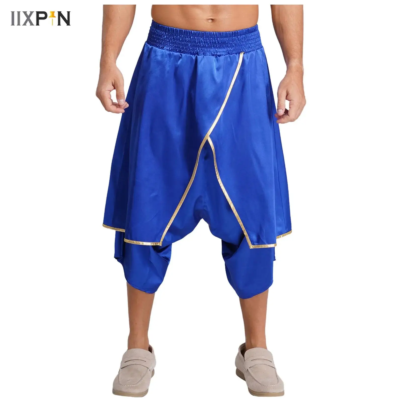 Męskie arabskie spodnie haremki w stylu hippie z nieregularnymi nakładkami, metalicznym wykończeniem, szerokim elastycznym pasem, luźne spodnie typu latarnia, satynowe spodnie dhoti w stylu indyjskim.