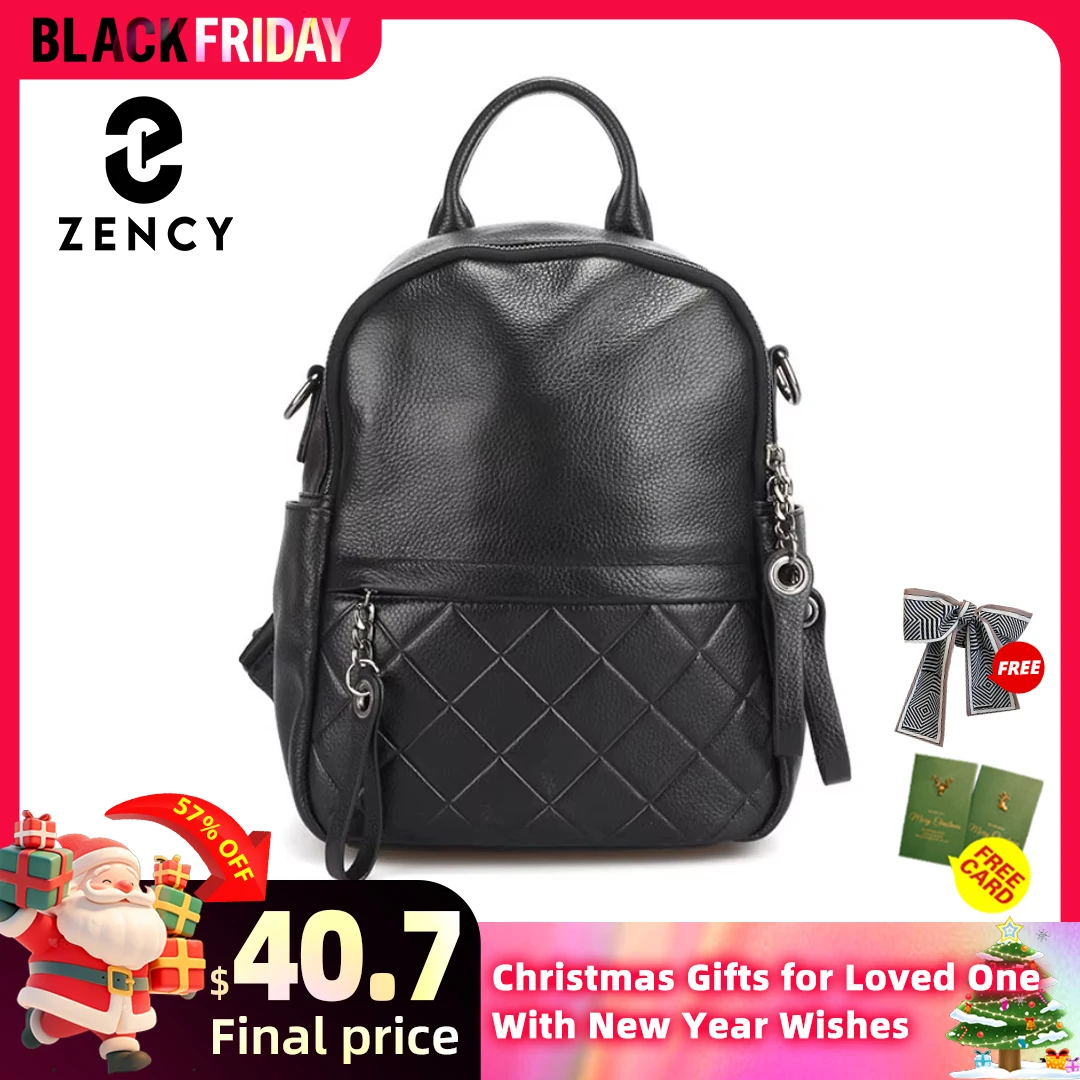 Zency 100% Genuine Leather Fashion Women Backpack Pure Black Knapsack Casual Travel Bags Girls Schoolbag Wide Strap Shoulder Bag