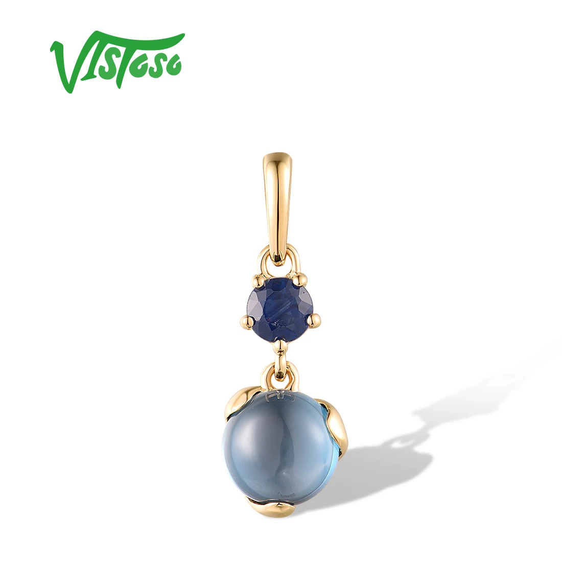 VISTOSO Genuine 14K 585 Yellow Gold Pendant For Women Sparkling London Blue Topaz Sapphire Simple Wedding Gifts Fine Jewelry