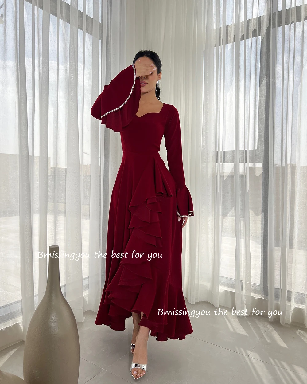 Red Prom Dresses for Women 2026 Mermaid Dubai Formal Evening Dress Long Sleeve Spandex Satin Wedding Party Attire Customized