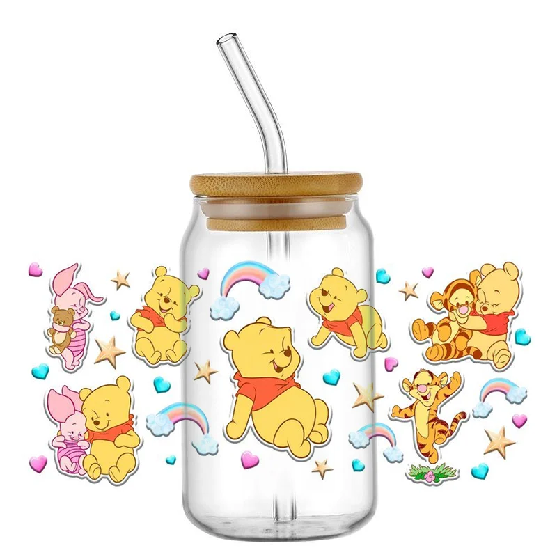 Miniso winnie bear 16oz uv dtf copo envoltório transferências dos desenhos animados libbey envoltório tumbler diy logotipo adesivo de vidro pode autoadesivo à prova dwaterproof água