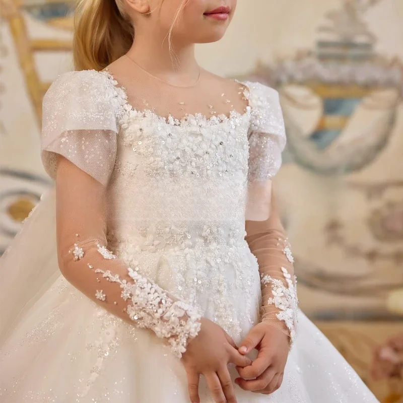 

Детское свадебное платье с цветочным узором для девочек, белое праздничное детское платье для выступлений, новое пышное платье принцессы для фортепиано