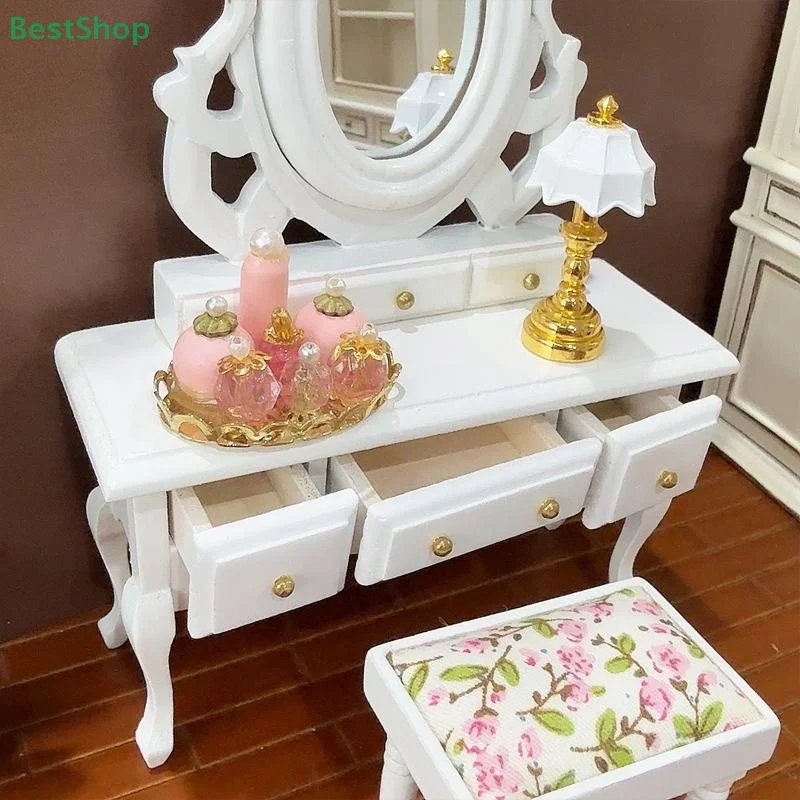 🍄 Mini meubles pour maison de poupée 1:12, modèle de chambre à coucher, coiffeuse en bois de Style européen avec tabouret