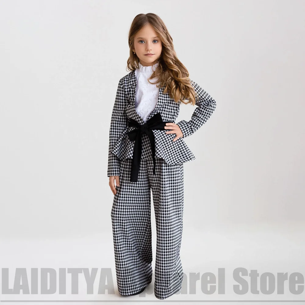 Fashion Girls Houndstooth Suit 2 Piece Blazer With Sash Belt Pants Kids Fashion Formal Outfit Birthday Party Daily Casual Wear