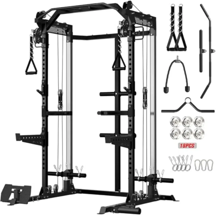 

Home gym power cage with 2000LB capacity, black finish, aluminum pulleys, independent dual pulley system for cable crossover wo