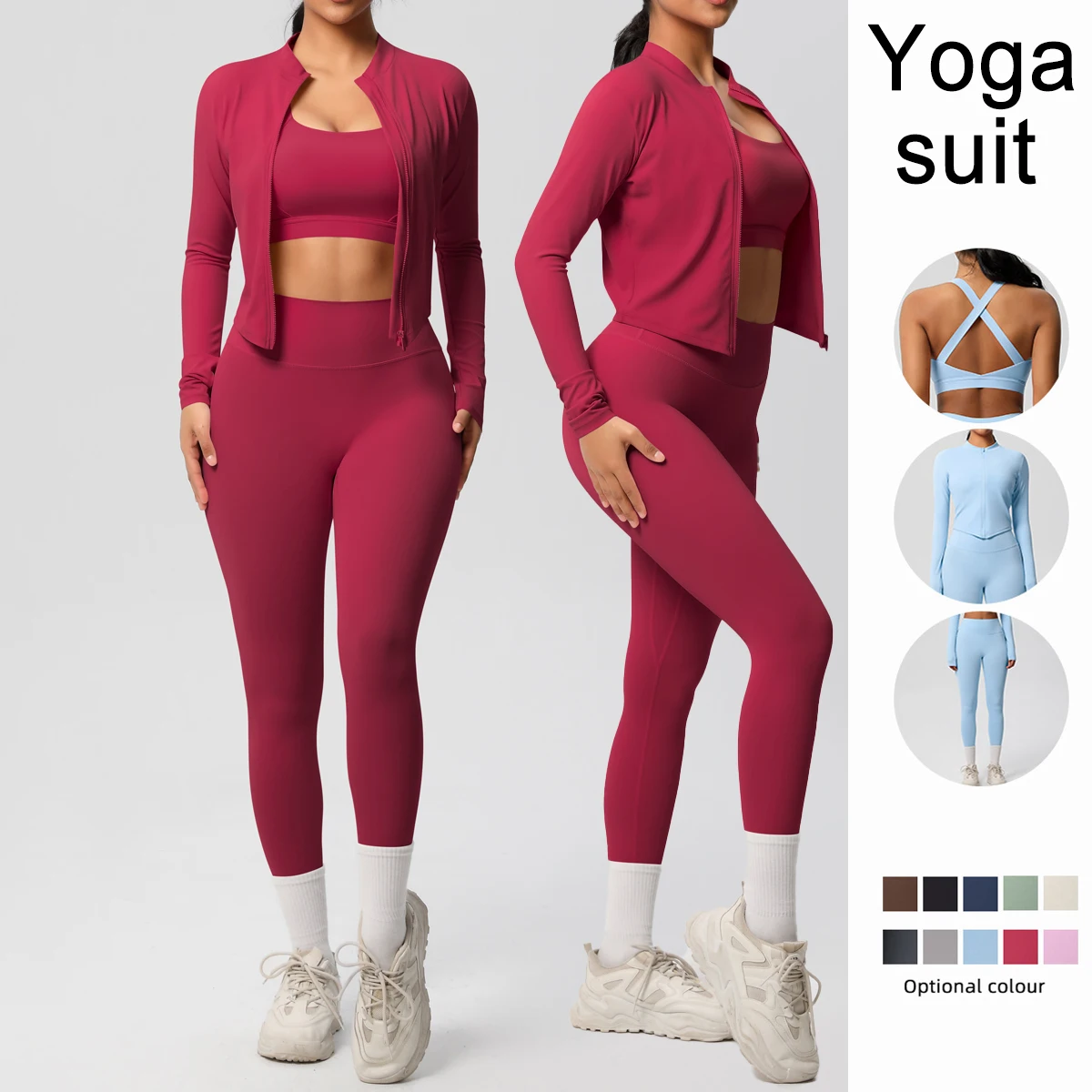 

Спортивный комплект для йоги для женщин, однотонная спортивная одежда для фитнеса, пальто на молнии с длинными рукавами, бюстгальтер с крестом, брюки, летний спортивный комплект для йоги в тренажерном зале