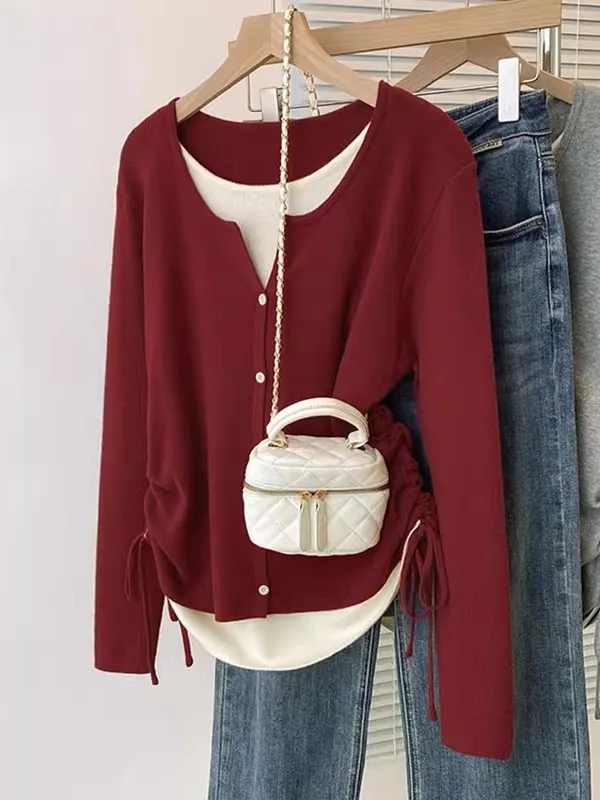 

Красный вязаный свитер с завязками, для ношения как внутри, так и снаружи, больших размеров, осенне-зимняя модная женская кофта с асимметричным подолом