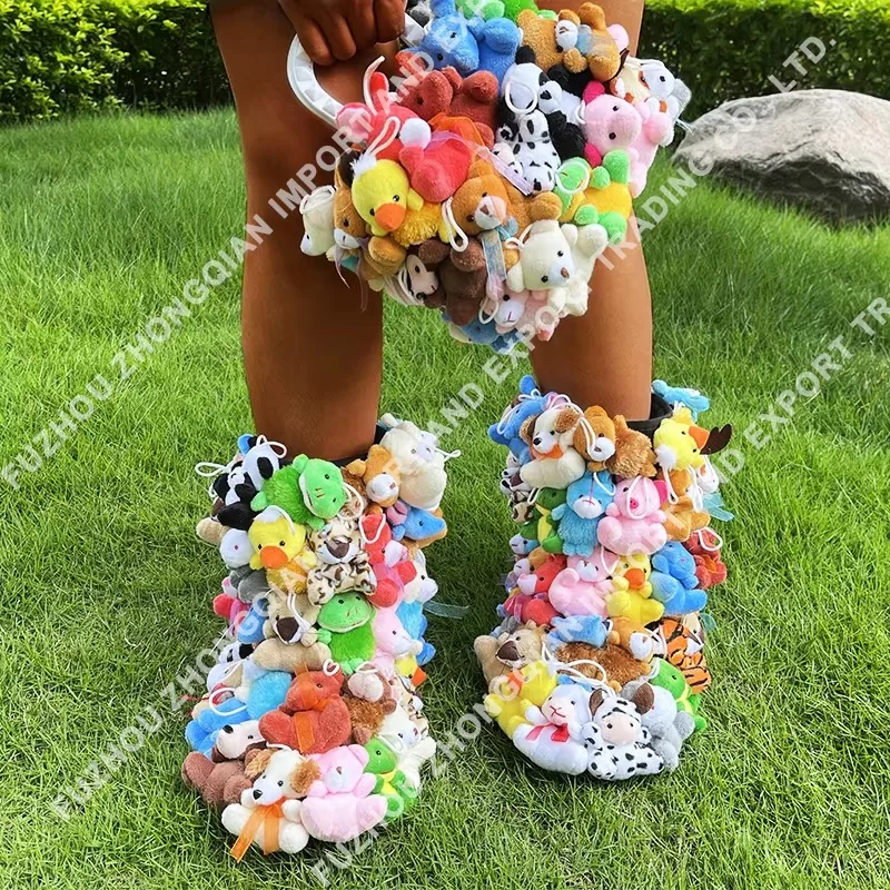 Adult Kids Plush Teddy Bear Snow Boots Mom & Me Plush Animal Fur Shoes Ankle Boots & Women Boots