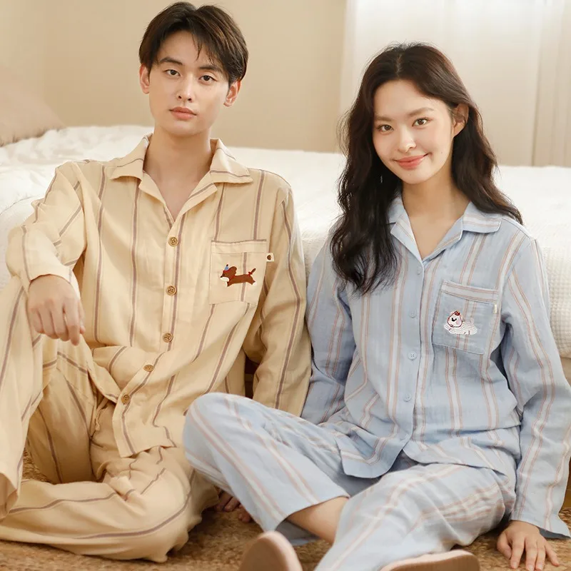 

Autumn New Couple's Pajama Set Long-Sleeved Cotton Yarn 100% Pure Cotton Simple Casual Comfort Loungewear Trousers 2PCS