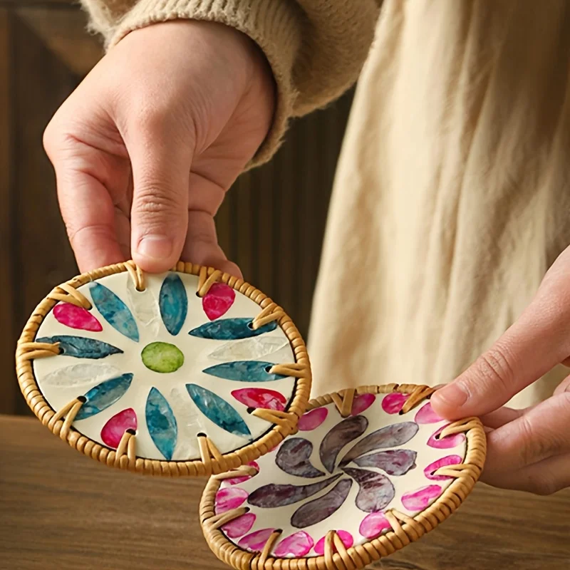 

Термостойкие подставки для стола из ротанга ручной работы, разноцветные, в скандинавском и юго-восточноазиатском стиле, с узором в виде ракушек