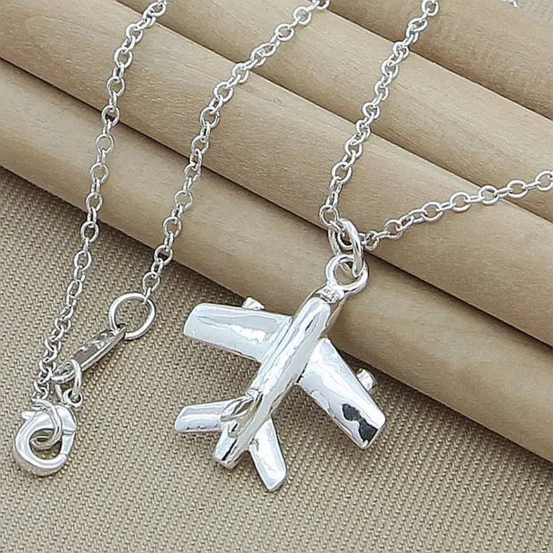 

925 Sterling Silver Aircraft Plane Pendant Necklace 18 Inch Chain For Woman Fashion Wedding Engagement Charm Jewelry