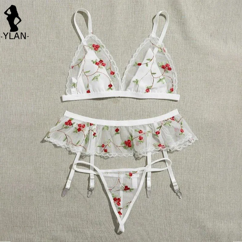 Female Underwear 3pcs Bralette Set Sensual Lingerie Woman Floral Embroidered Underwear Set French Triangle Cup Bra and Panty Set