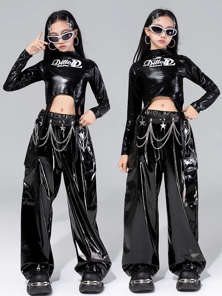 2025 ملابس رقص الجاز للفتيات ملابس أداء Kpop لامعة سراويل رقص سوداء موضة الهيب هوب ملابس الرقص في الشارع VDL4575 #6