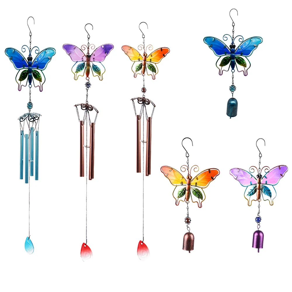 

Vibrant Butterfly Metal & Stained Glass Wind Chime Hummingbirds Dragonflies AluminumTube Art Hanging Bells for Home Garden Decor