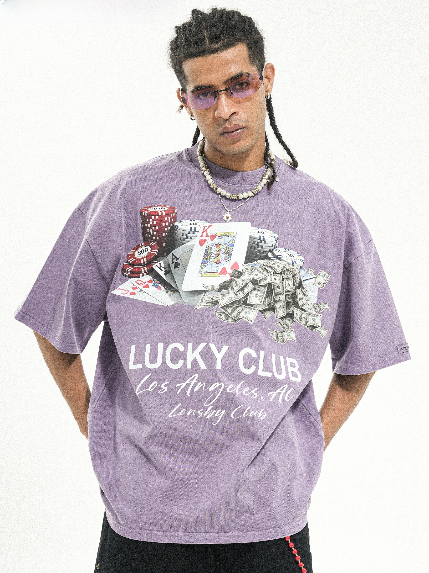 Washed Cotton T-Shirt Men's Summer Loose Fit Shoulder-Length Sleeve Retro Print round Neck Heavyweight Basic Streetwear