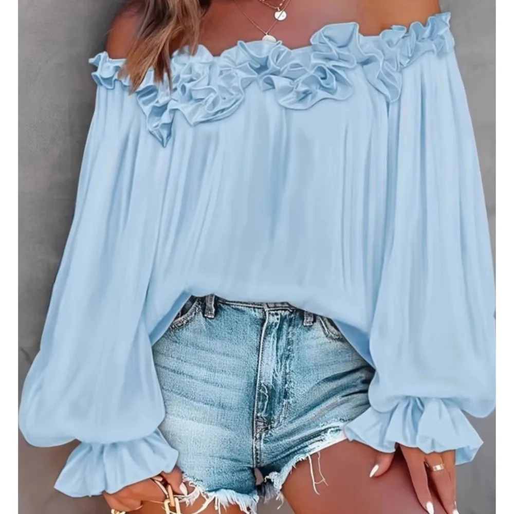 

Spring Summer New Women's Clothing Sexy One Neck Off Shoulder Fashionable Lotus Leaf Sleeve Shirt Casual Loose Long Sleeved Top