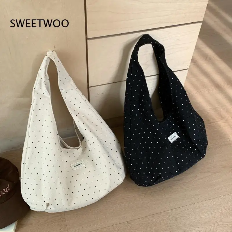 2026 Simple Dot Print Slouch Hand Bag Breathable Cloth Fabric Foldable School Picnic Daily Travel Shoulder Bag
