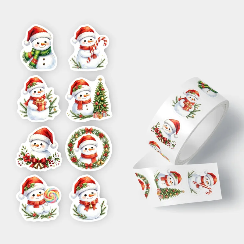 250Pcs/Roll Christmas Snowman Roll Stickers Hand Account Packaging Decorative Cartoon Festival Adhesive Decal Atmosphere Sticker