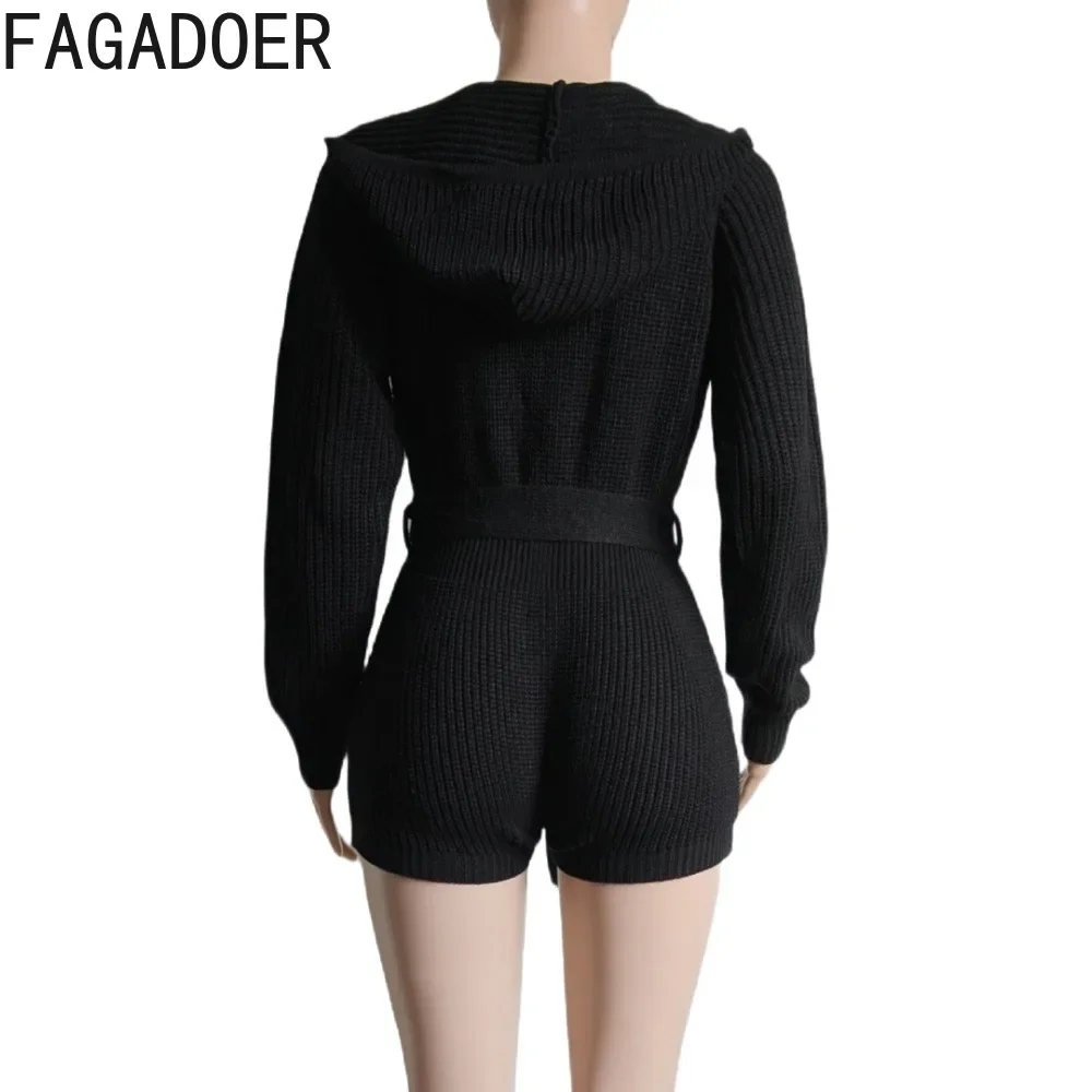 FAGADOER Autumn Winter Knit Rompers Women Zip Hooded Sashes Bandage Jumpsuits Short Elegant Fashion Ladies Office Streetwear