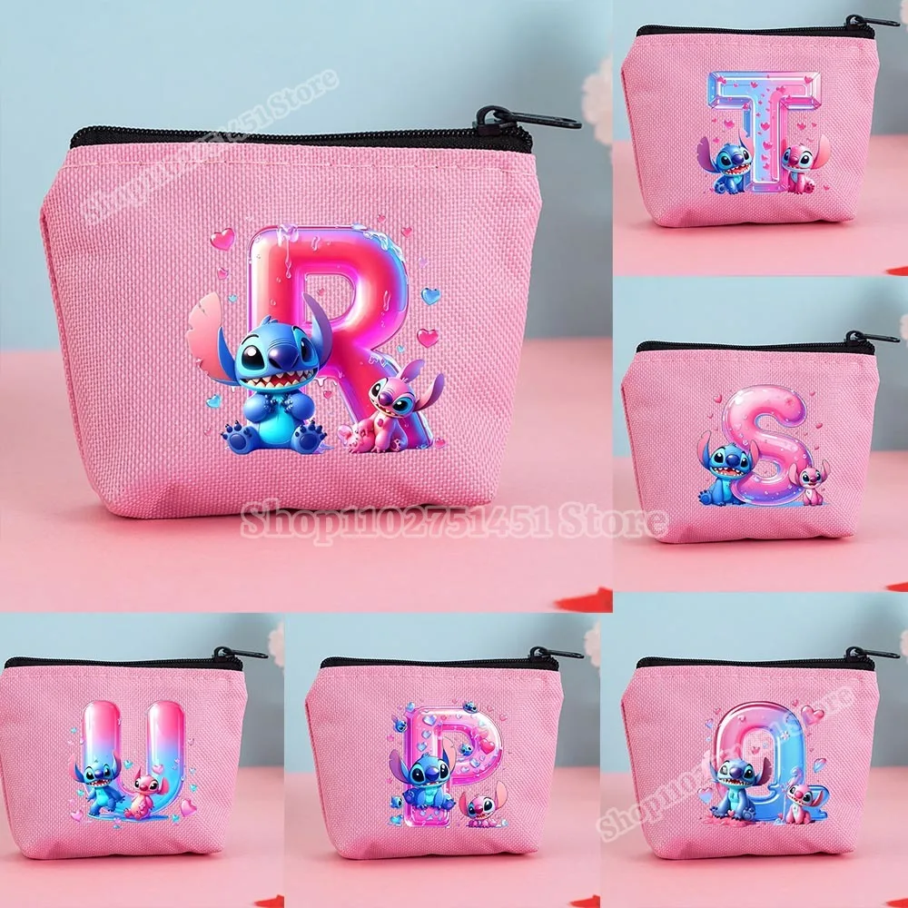 Lilo & Stitch Letter A-Z Print Pink Mini Wallet Canvas Coin Purse for Girls Cute Cartoon Disney Stitch Card Holder Money Pouch