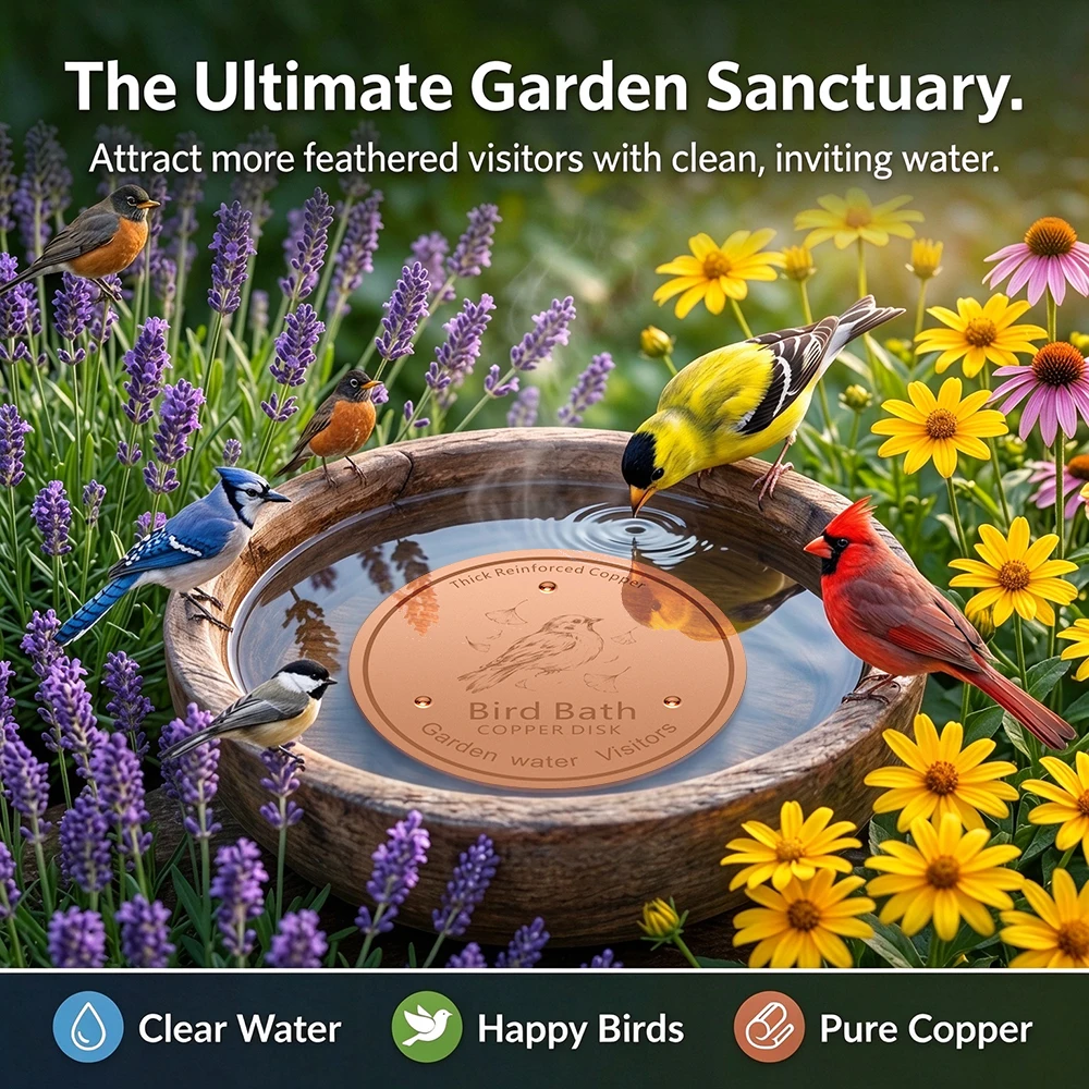 Thick Reinforced Copper Bird Bath Disk for Garden Water Visitors, Durable Metal Outdoor Feeder Tray with Engraved Wild